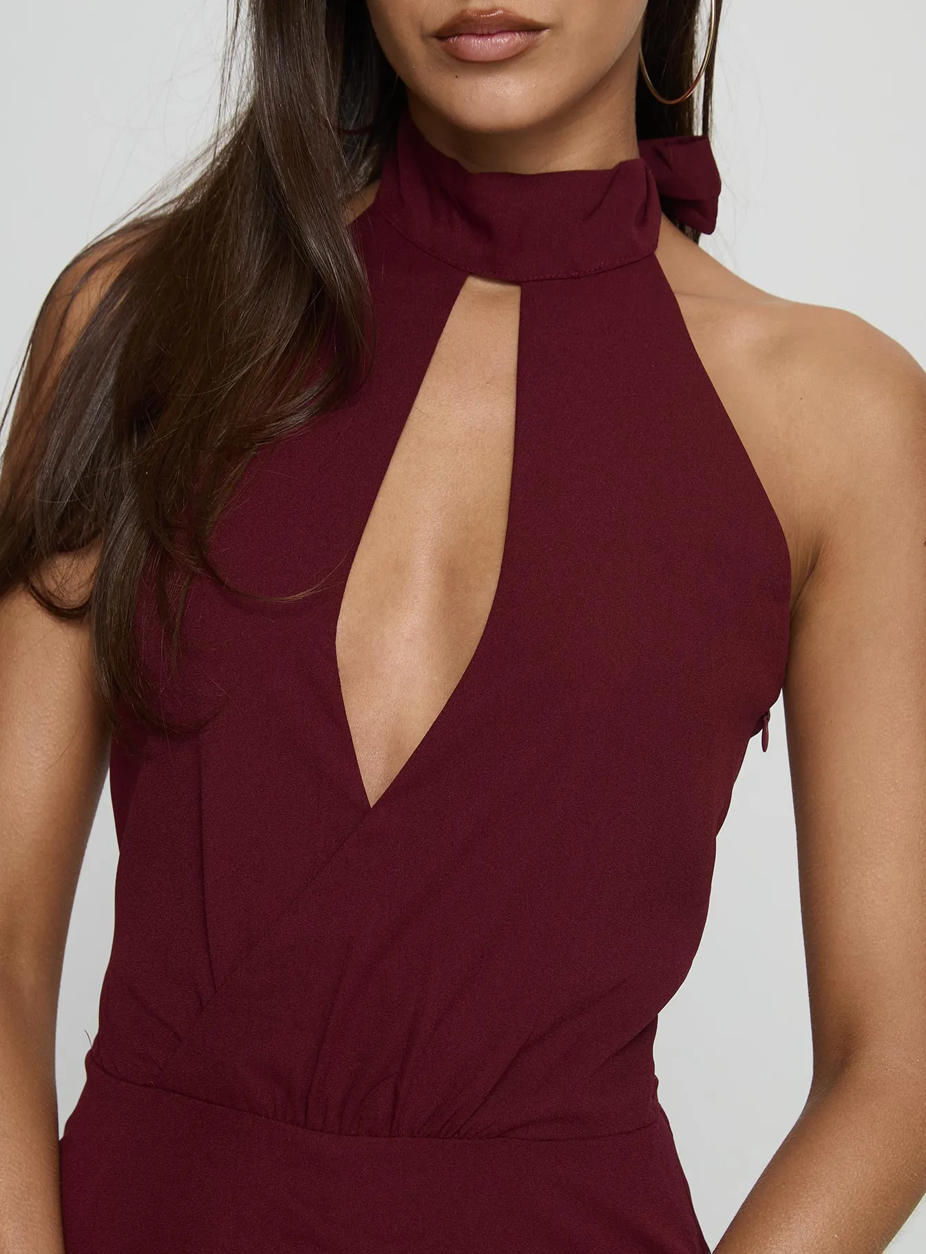 Chrystina Cut Out Playsuit Burgundy and Versatile evening mini dress.