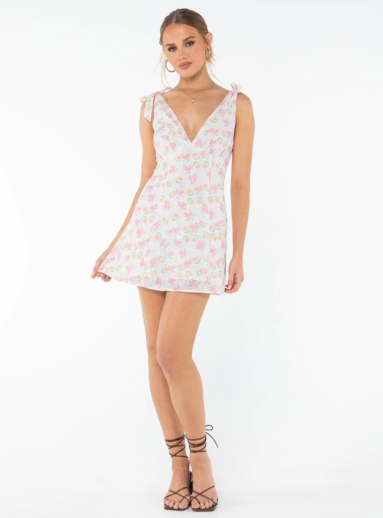 Island Time Mini Dress Pink Floral Star Edge Pleated Texture Effect