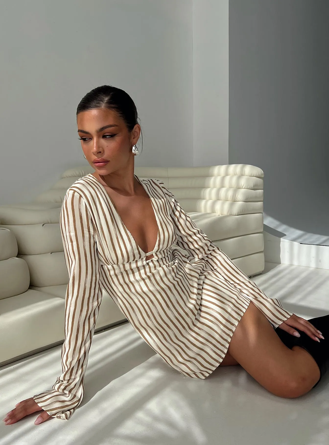 Vibrant Chic Wear The Good Life Mini Dress Brown / White Stripe