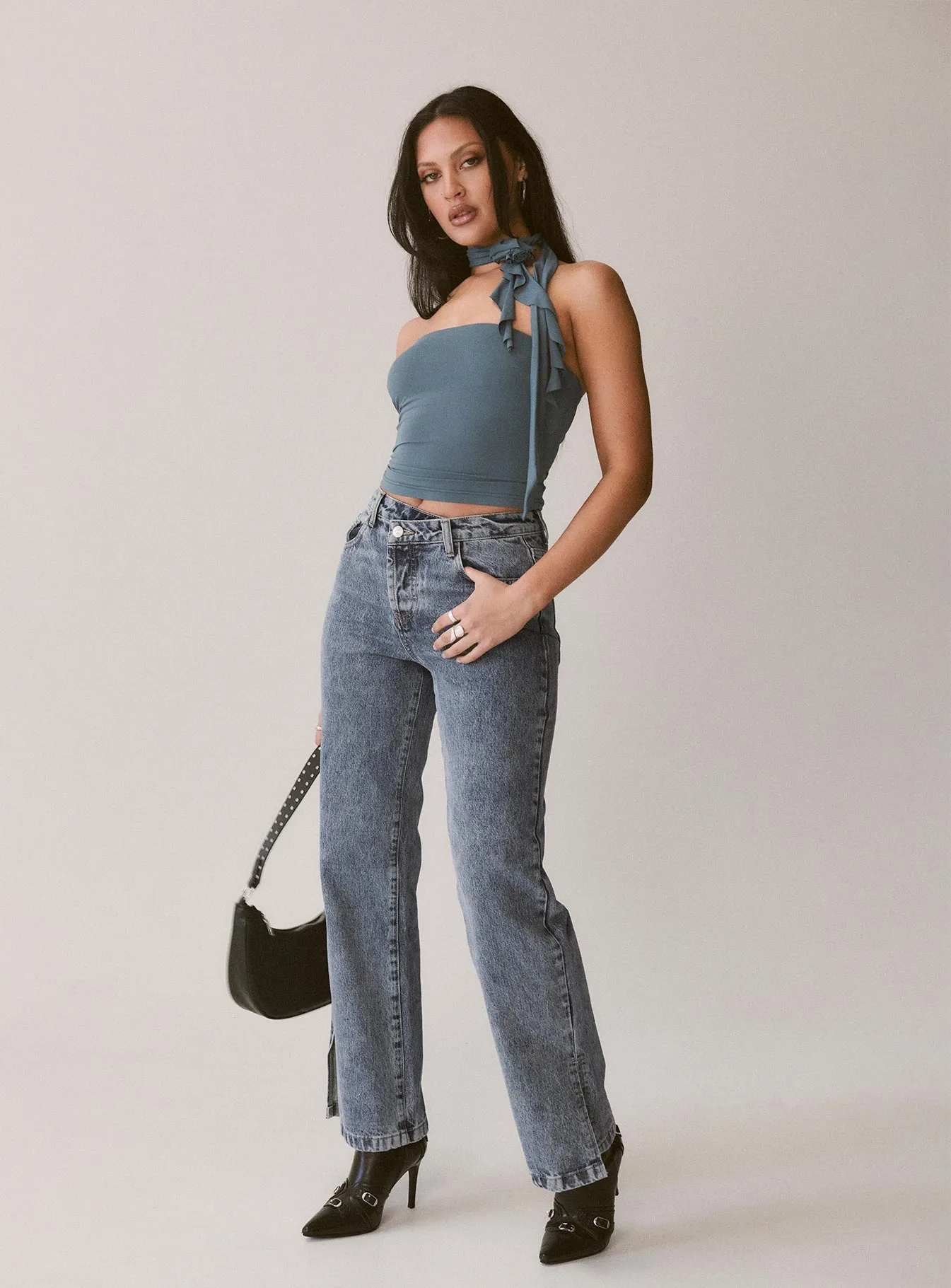 Brunell Asymmetrical Waistband Jeans Mid Wash Anti Slip Belt Loops Minimalist Style Family Style Comfy