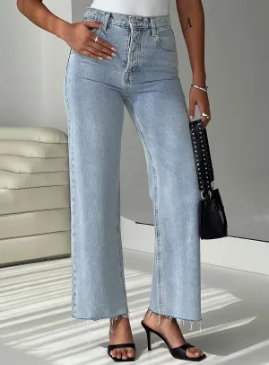 Evening Stroll Comfy Sustainable Student Outfit Nature Lover Fawcett High Rise Straight Leg Jeans Light Blue Wash Denim Tall