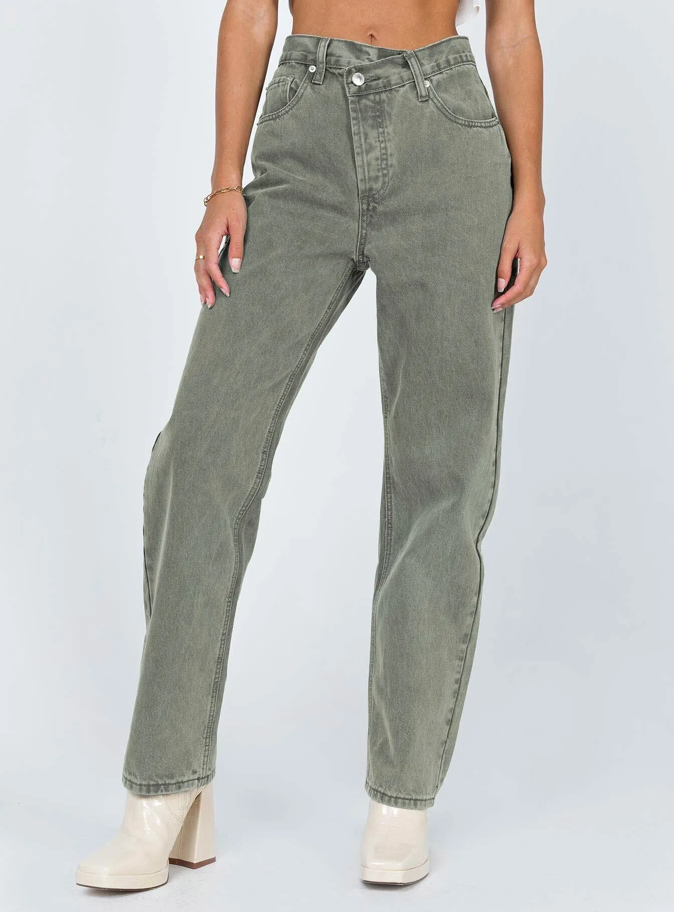 Holly Asymmetric Straight Leg Jean Green Denim Unisex Wear Classic Professional Wear