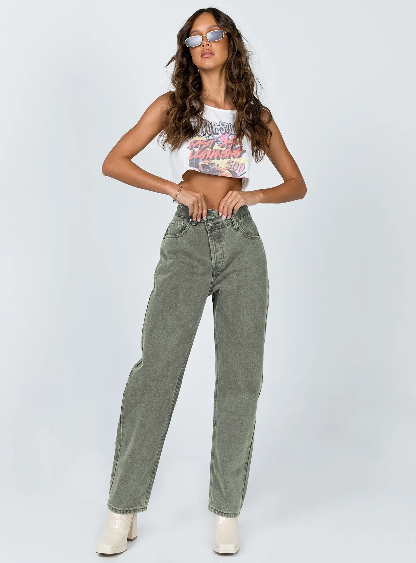 Holly Asymmetric Straight Leg Jean Green Denim City Walk Smooth