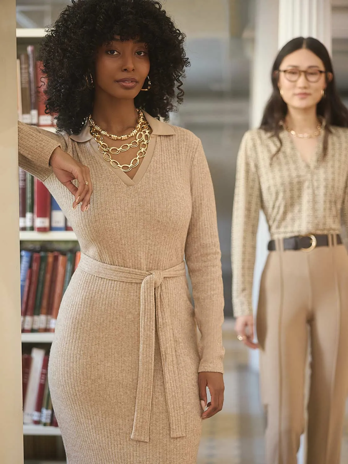 Vintage-inspired knee-length piece Long Sleeve Ribbed Midi Dress