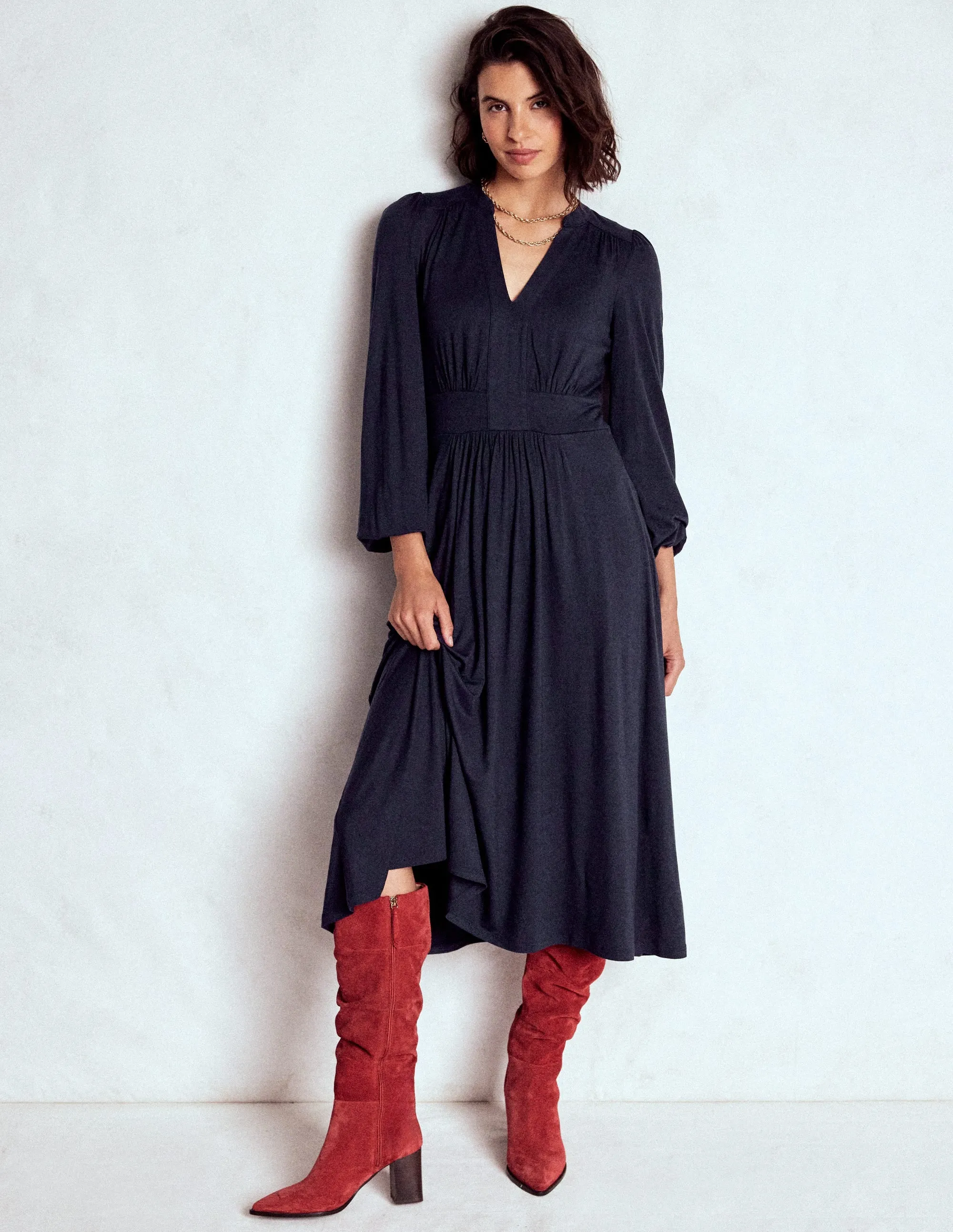 Dew Drop Stone Path Lily Long Sleeve Midi Dress-Navy
