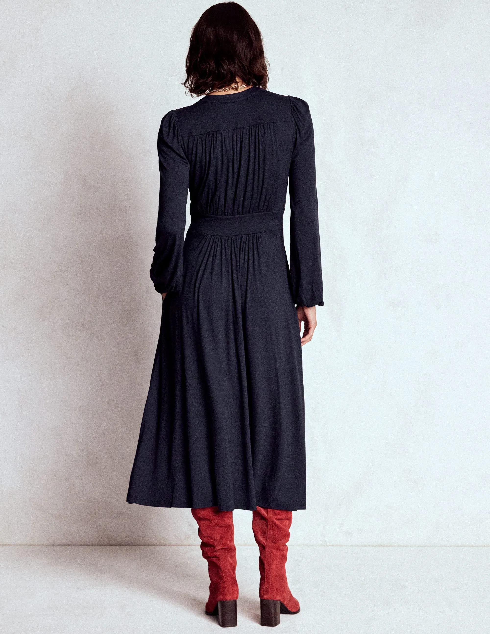 Low Maintenance City Prep Lily Long Sleeve Midi Dress-Navy