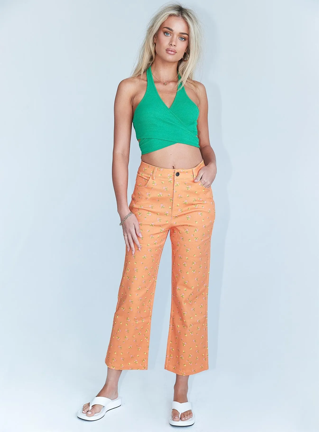 Ever Versatile Morning Stroll Music Event Office Wear Ivy Floral Straight Leg Jeans Orange