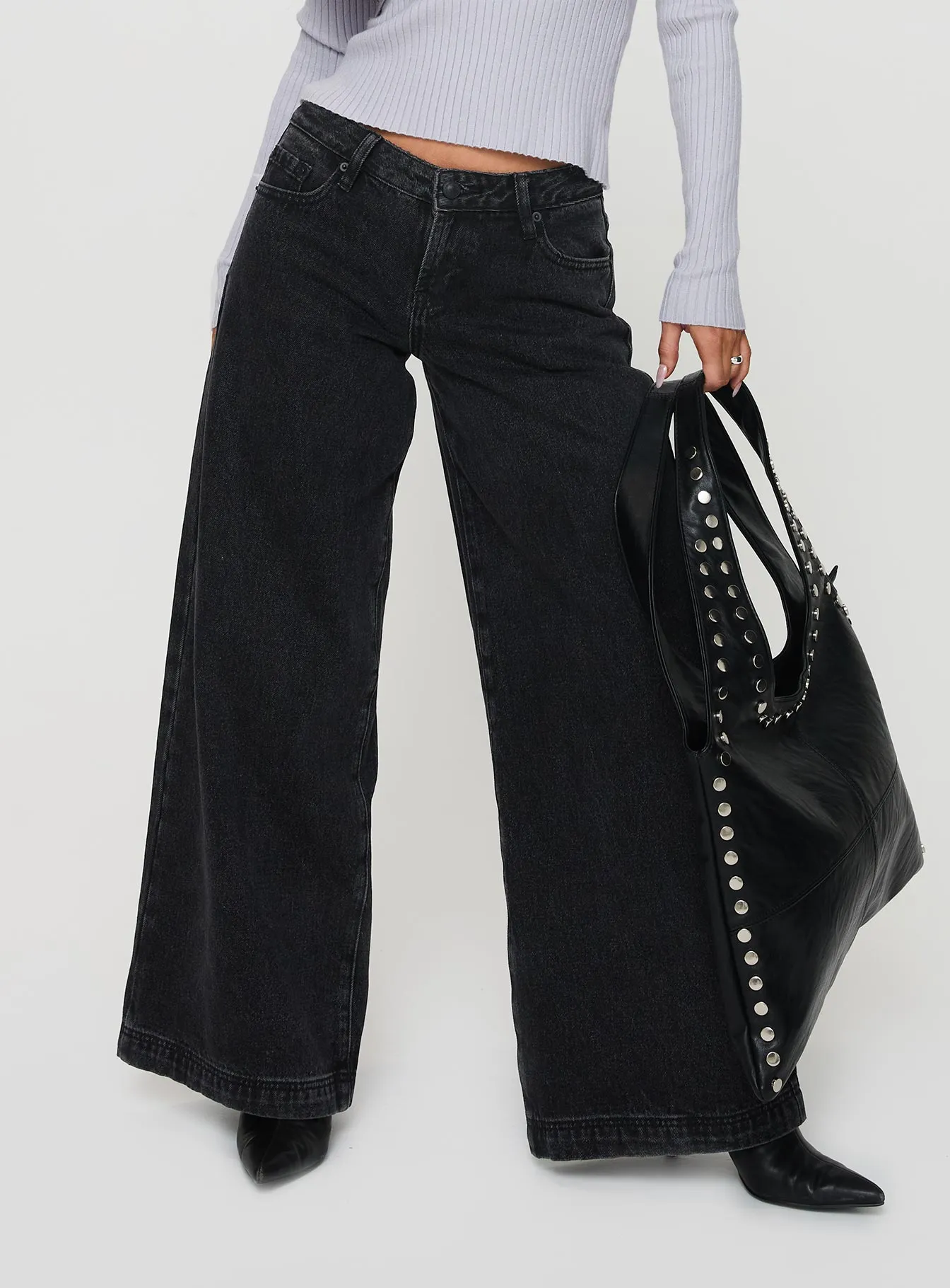 Neutral Daily Wear Adult Fashion Ribbon Stamp Low Rise Wide Leg Jeans Washed Black
