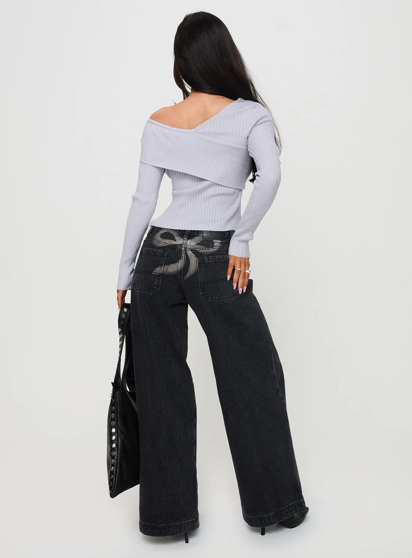 Ribbon Stamp Low Rise Wide Leg Jeans Washed Black Eco Friendly Chill Outfit Road Trip