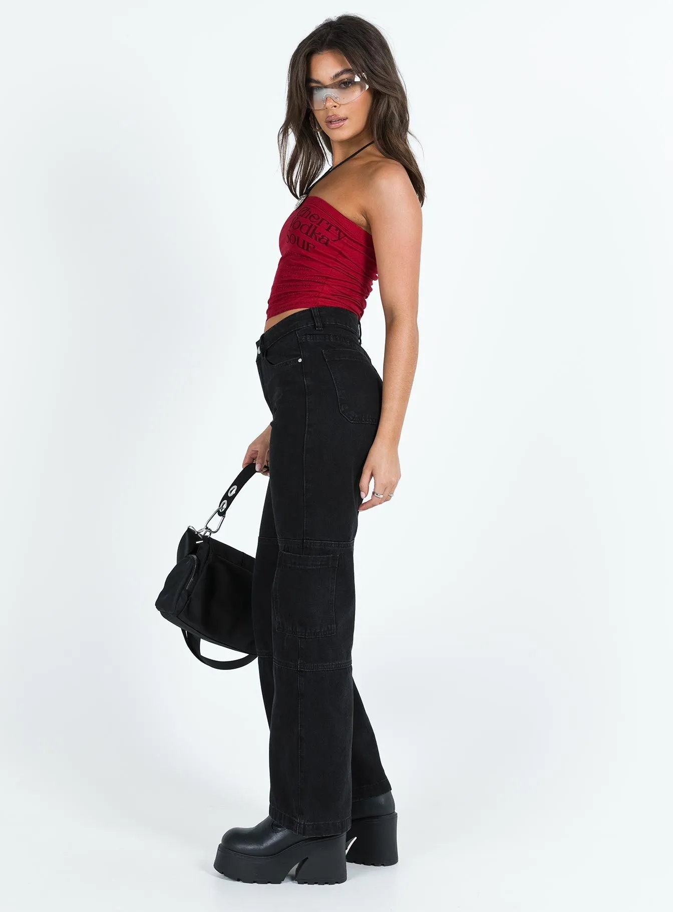 Thomson High Rise Wide Leg Cargo Jeans Black Fade Resistant Wash