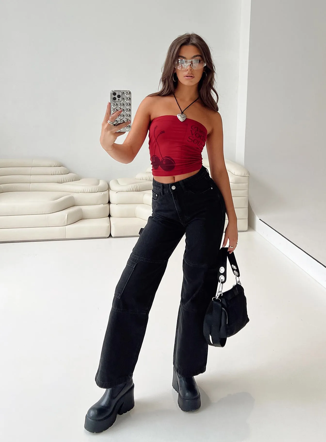 Clean Aesthetic Thomson High Rise Wide Leg Cargo Jeans Black