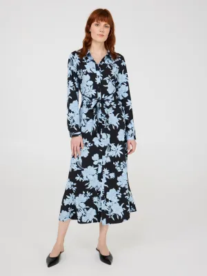 Sleek Silhouette Floral Print Midi Shirt Dress