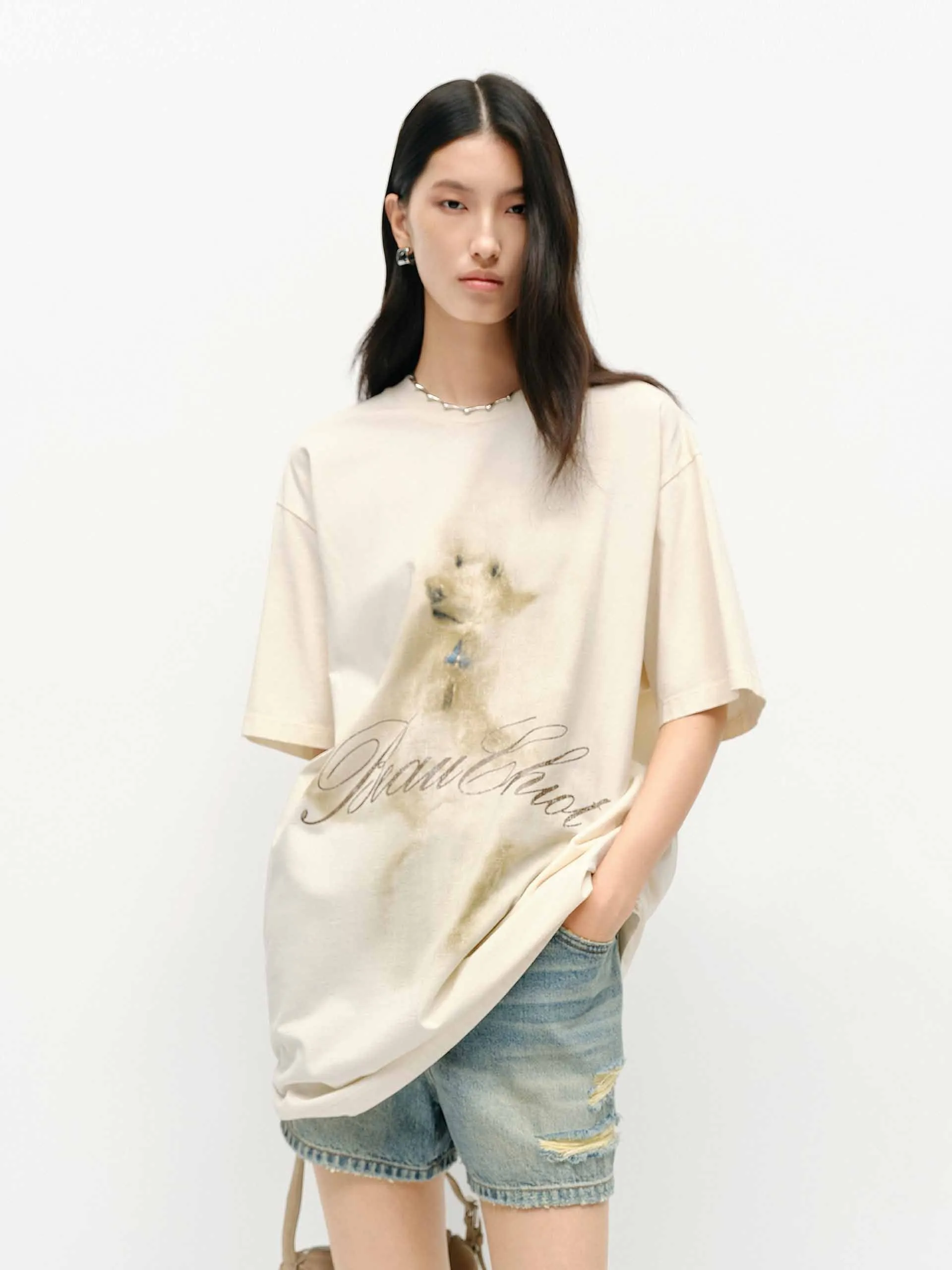 Travel Essential Minimalist Stitching Puppy Print Oversized T-shirt