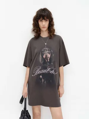 Versatile Fit Travel Style Trend Puppy Print Oversized T-shirt