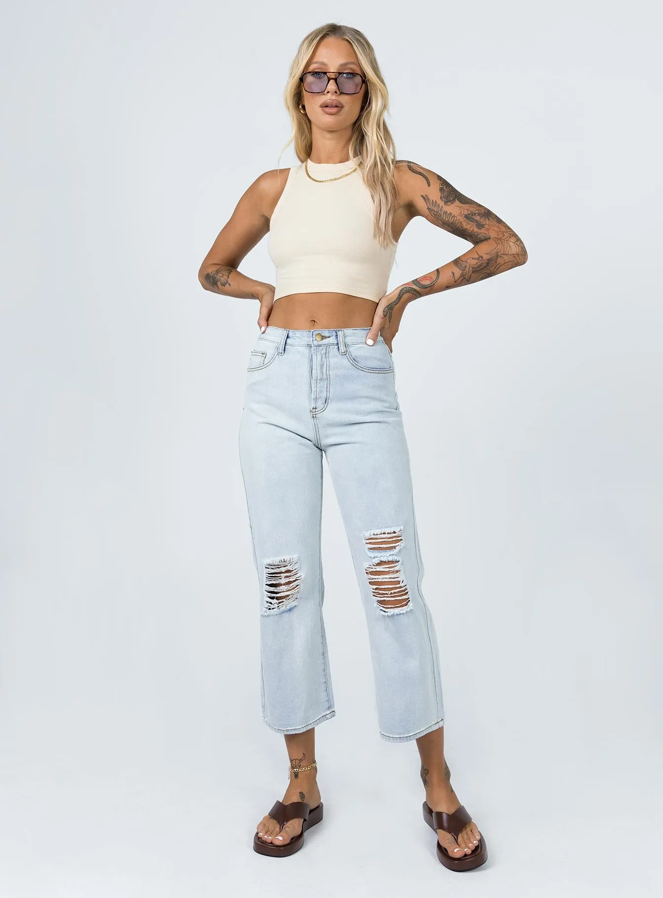 Functional Fit Billed Ripped Jean Light Wash Denim