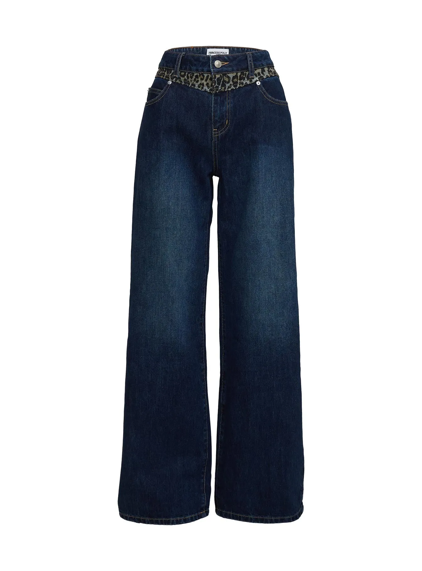 Breathable fabric Textured Vibrant Savenna Mid Rise Wide Leg Jeans Dark Wash / Leopard