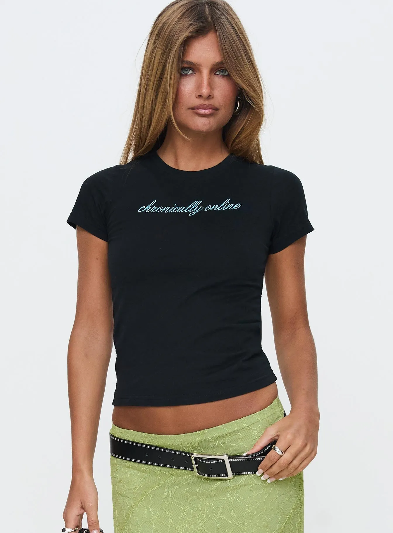 Casual Everyday Chronically Online Graphic Top Black