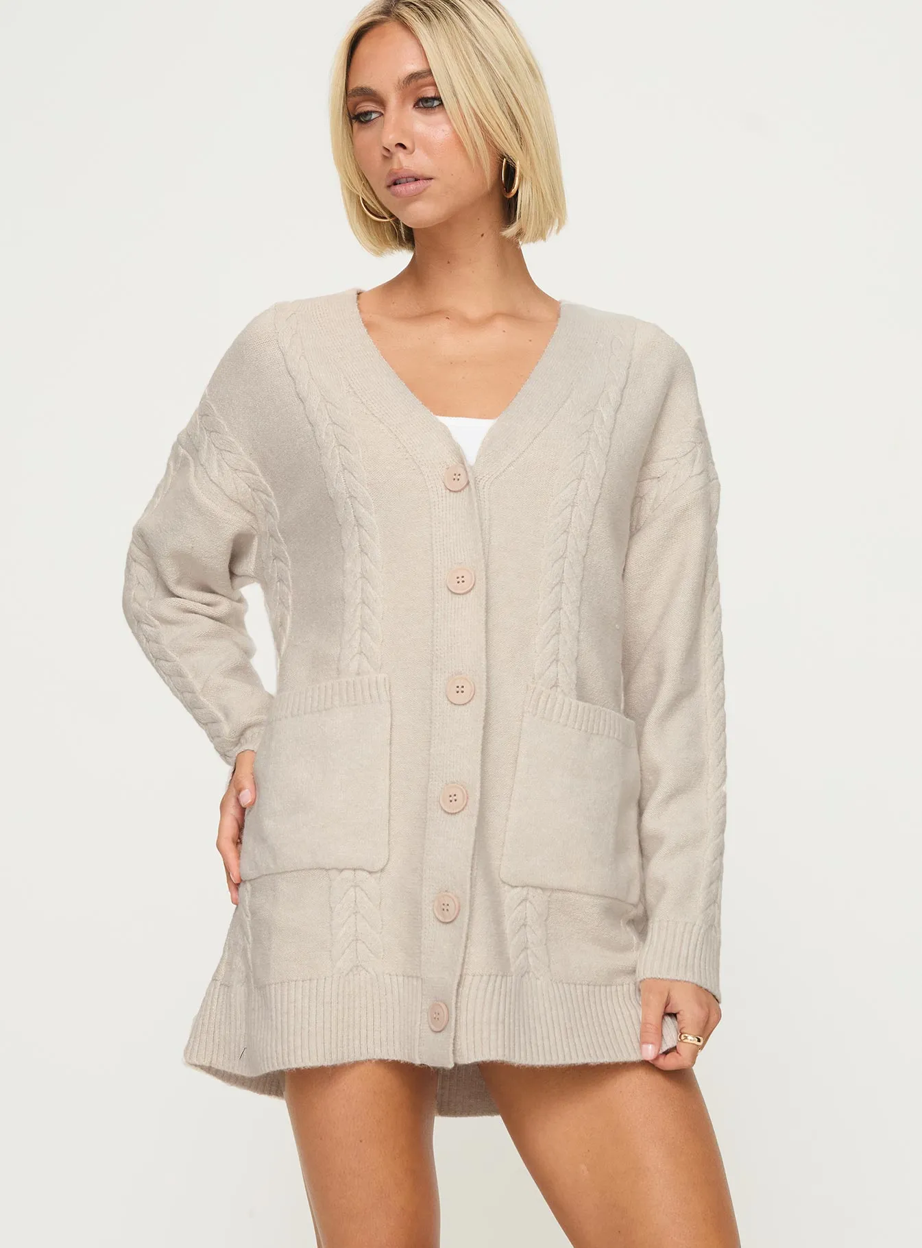 Cardi Long Sleeve Mini Dress Cream Smooth inner lining