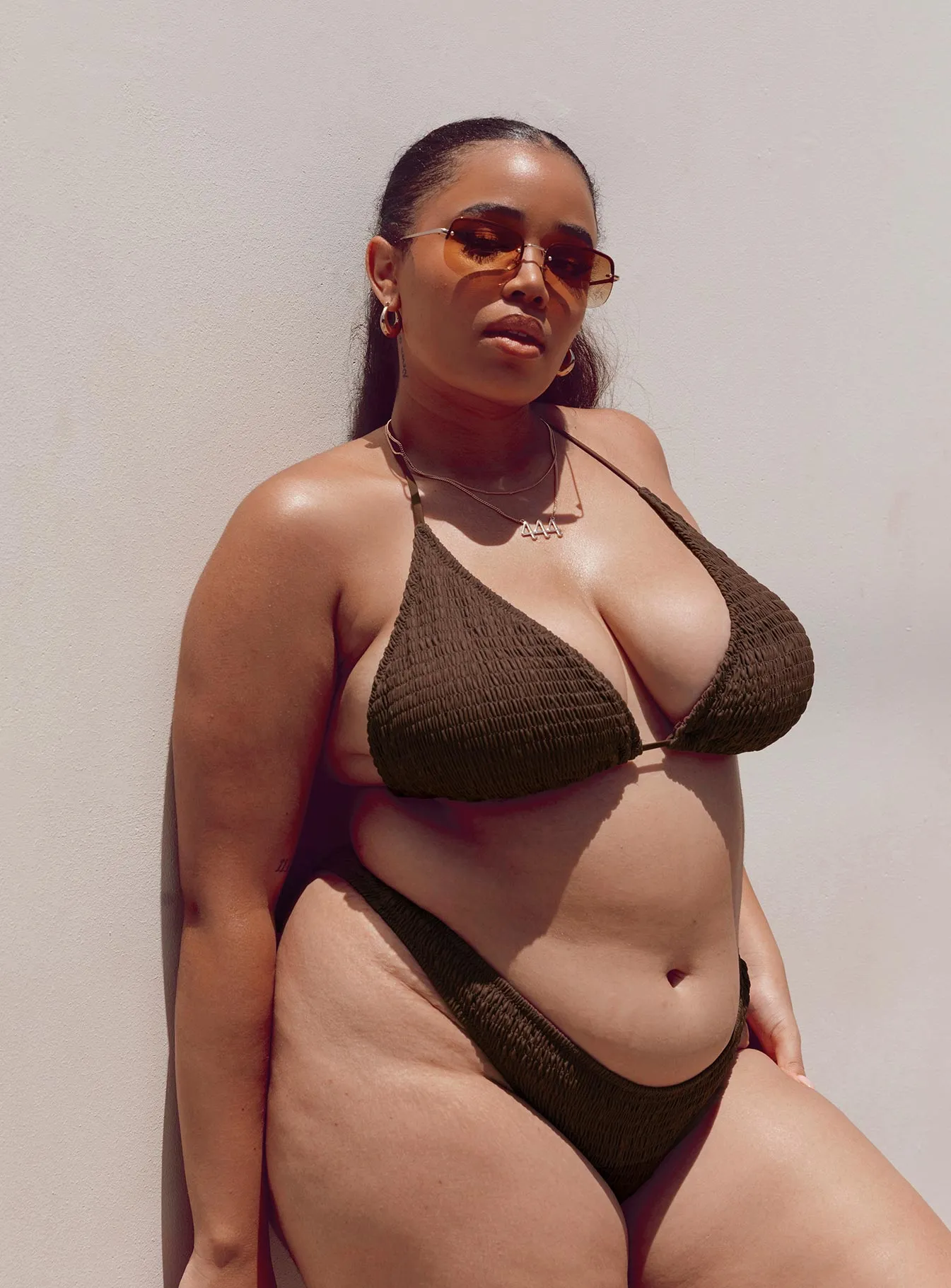 Quick Pull Adjustment Secure Back Closure Blanca Eco Nylon Bikini Top Brown Curve