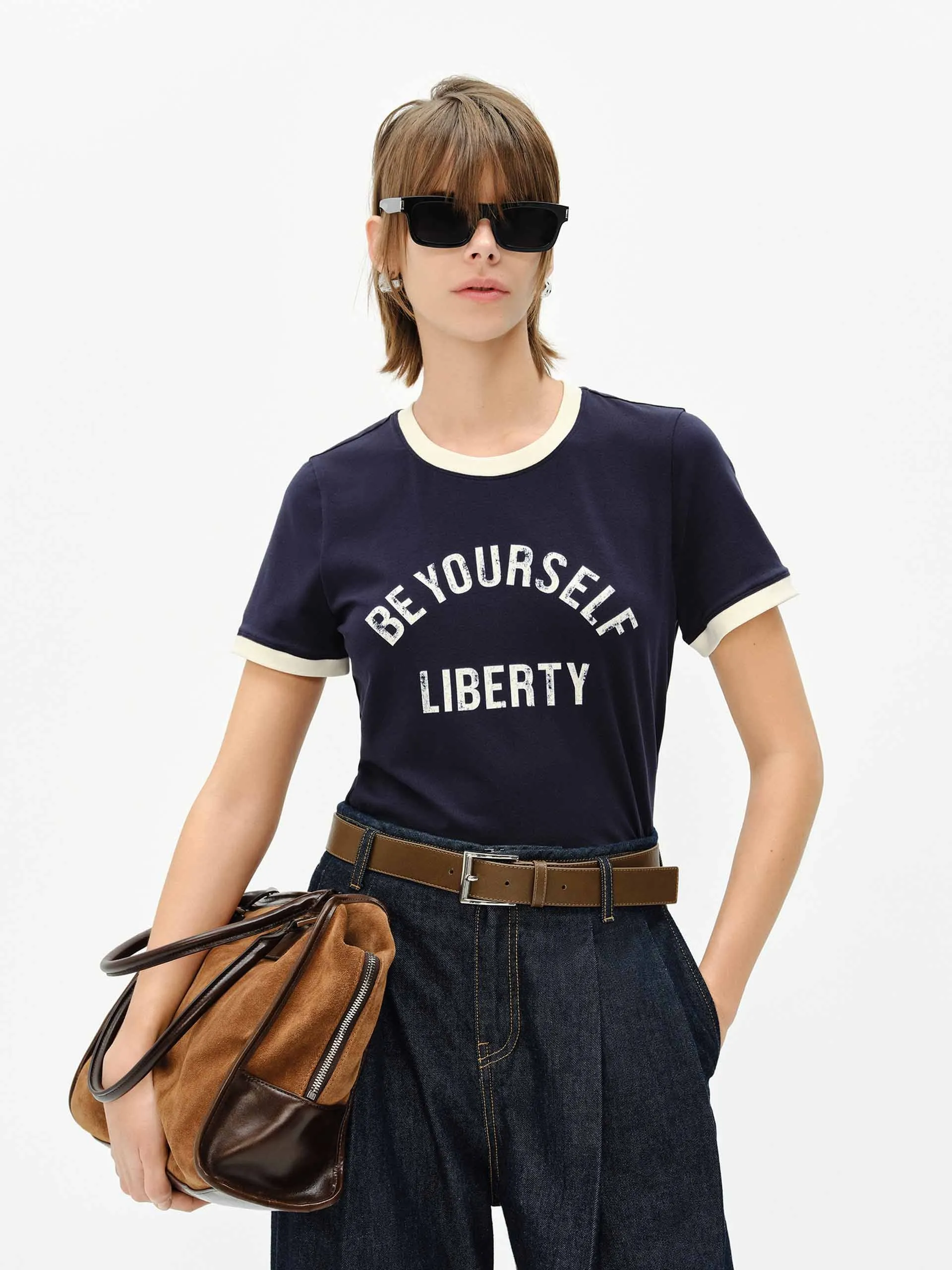 Casual Outfit Outdoor Comfort Style Contrast Trim Letter T-shirt