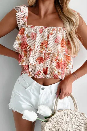 Layered Hem Drop Shoulder Cut Flirty Potential Tiered Mesh Crop Top (Multi)