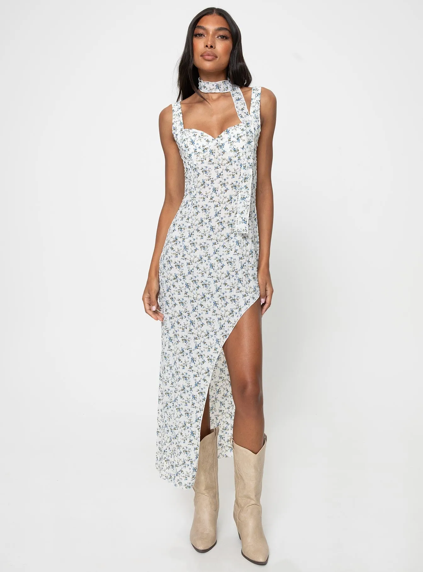 Fairley Asymmetric Midi Dress White / Blue Floral Iron Glow Glass Hall