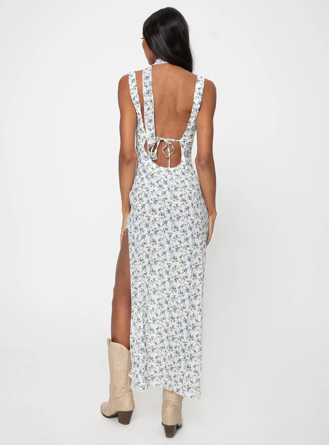 Quartz Glow Vibrant boho dress Fairley Asymmetric Midi Dress White / Blue Floral