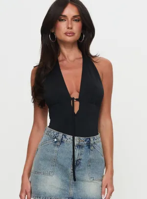 Two Summers Plunge Neck Bodysuit Black Tall Festival Bold