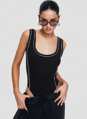 Resort Date Velvela Contrast Stitch Bodysuit Black / White