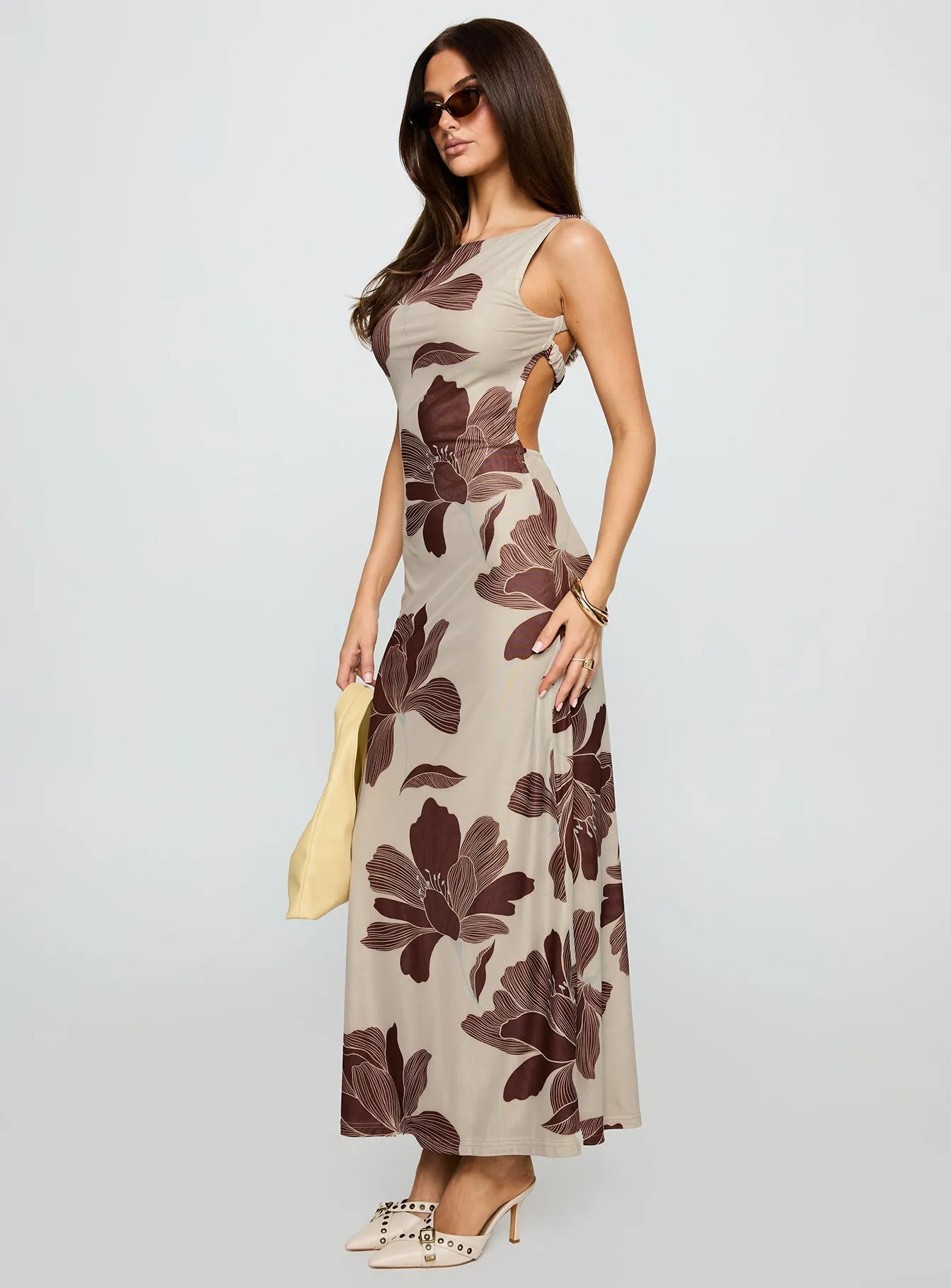 Back Again Maxi Dress Brown Floral Linen Glow Sheer Layer