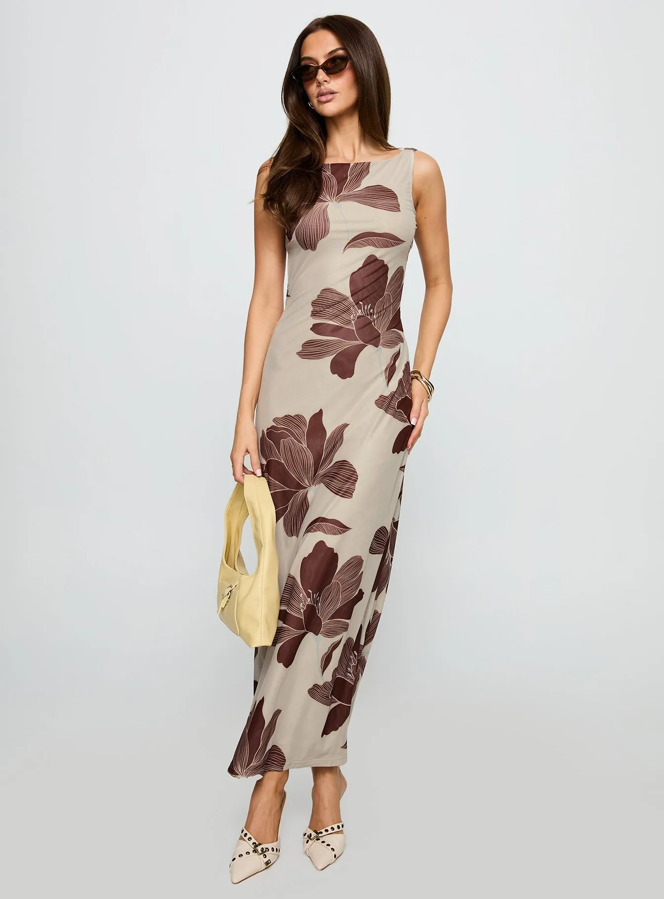 Back Again Maxi Dress Brown Floral Coral Pop