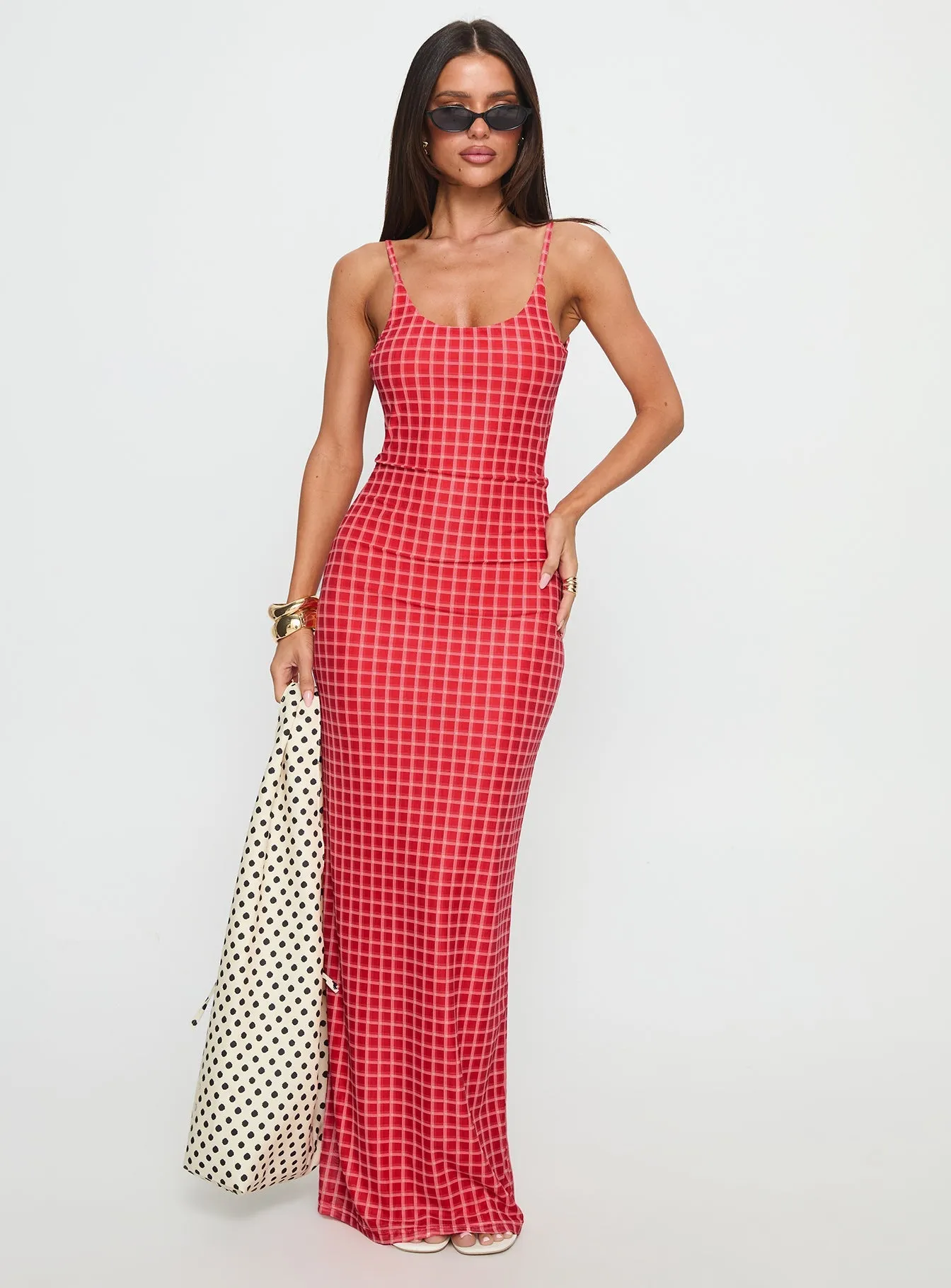 Izabella Maxi Dress Red Check Maxi dress with belt comfortable length