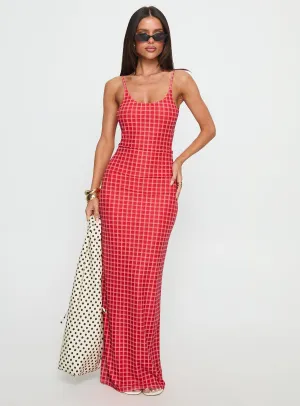 Izabella Maxi Dress Red Check Maxi dress with belt comfortable length