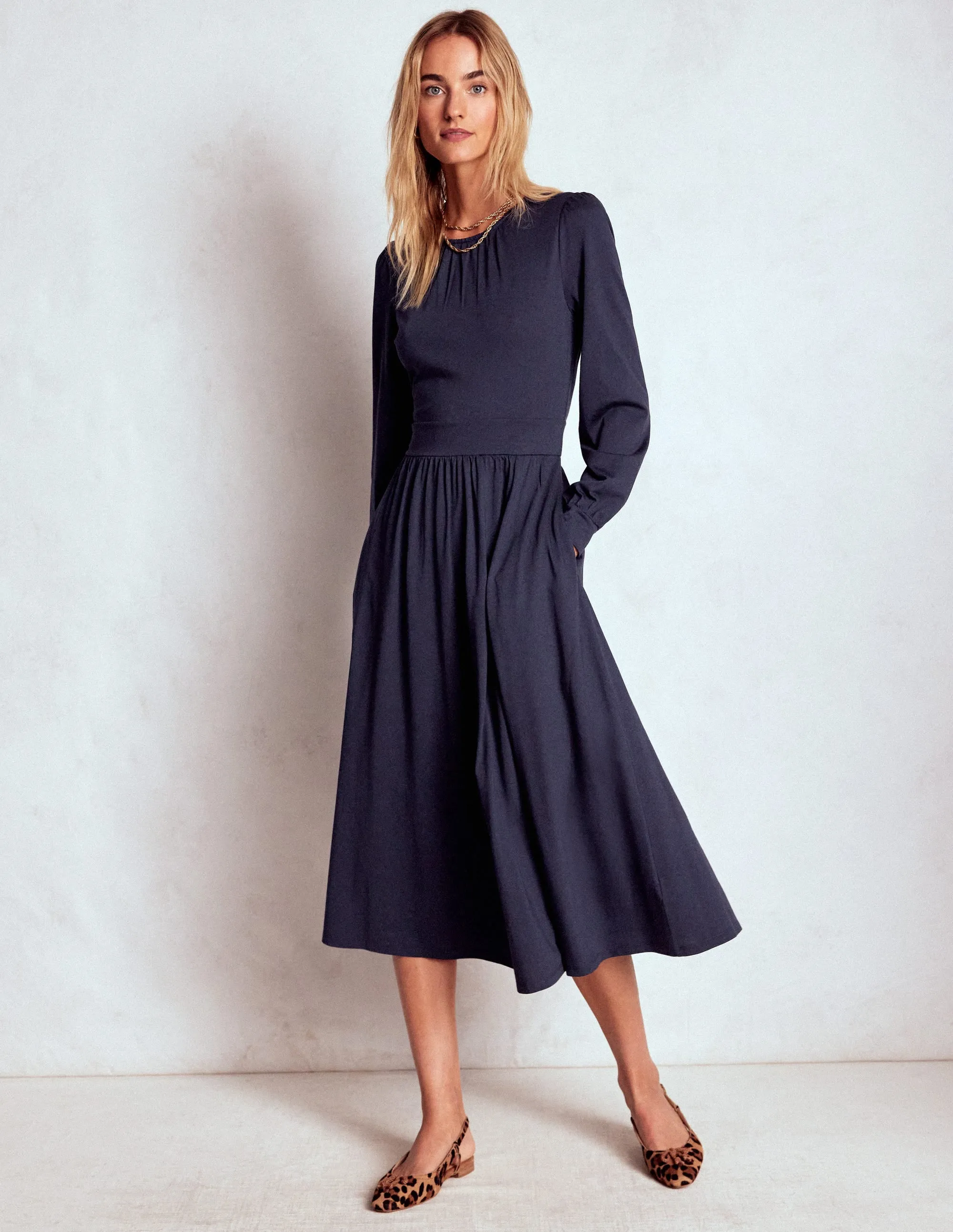 Alexandra Jersey Midi Dress-Navy Feminine Design
