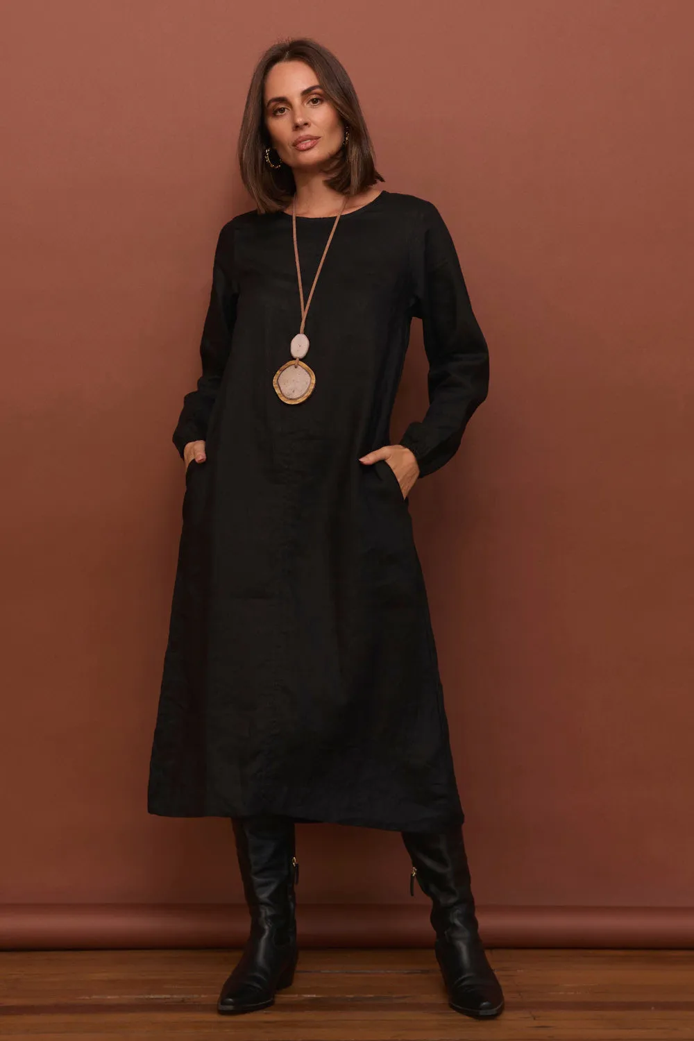 Hazel Linen Midi Dress in Black elegant design Chic Silhouette