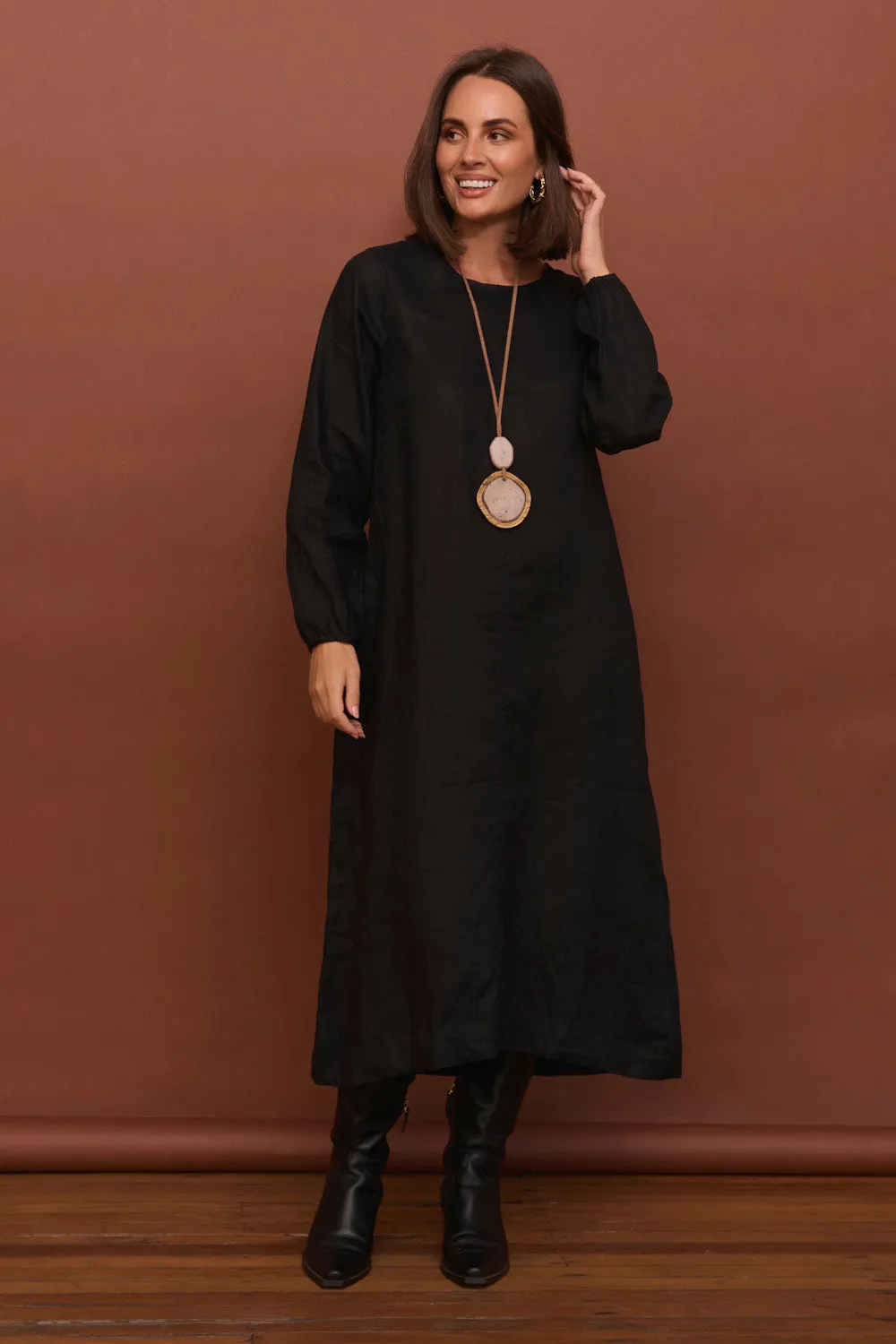 Stone Path Sophisticated Style Hazel Linen Midi Dress in Black