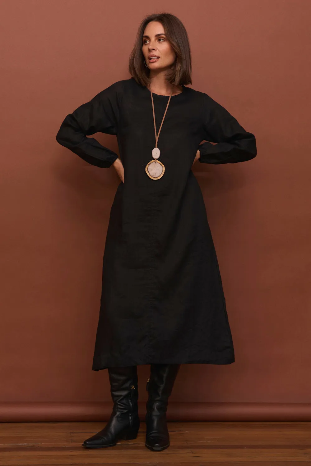 Hazel Linen Midi Dress in Black Chic Ease