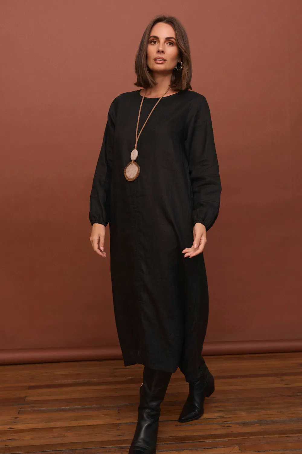 Wood Deck Hazel Linen Midi Dress in Black