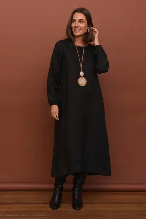 Stone Path Sophisticated Style Hazel Linen Midi Dress in Black