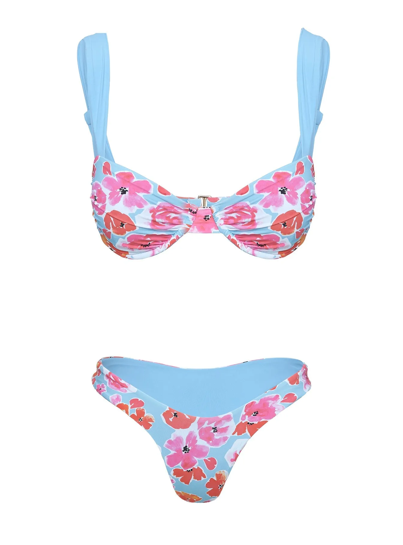 Anti Slip Trim Moisture Wicking Fabric Kosette Balconette Bikini Top Floral Blue