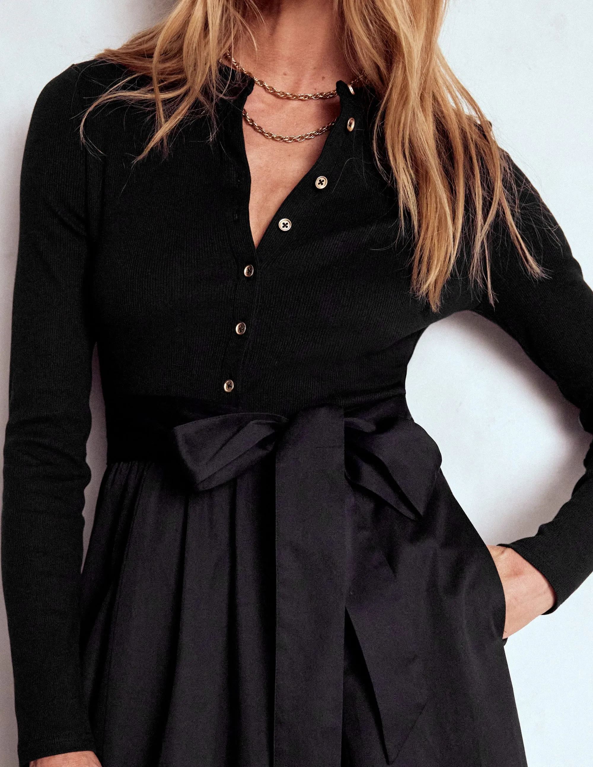 Autumn Stroll Button Detail Mix Dress-Black