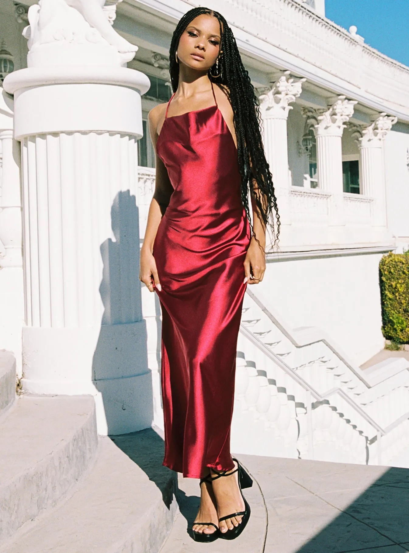 Broughton Halter Maxi Dress Burgundy Romantic evening dress Mesh Glow