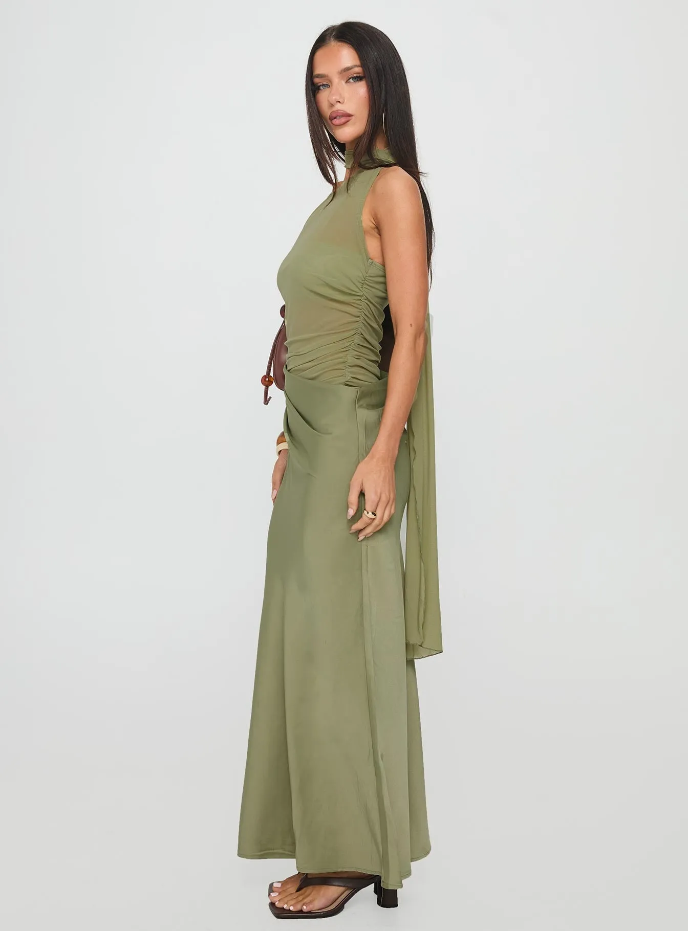 Indiara Halter Mesh Maxi Dress Green Kimono Arm
