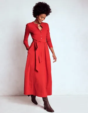 Button Detail Mix Dress-Crimson Red american casual Cotton Soft