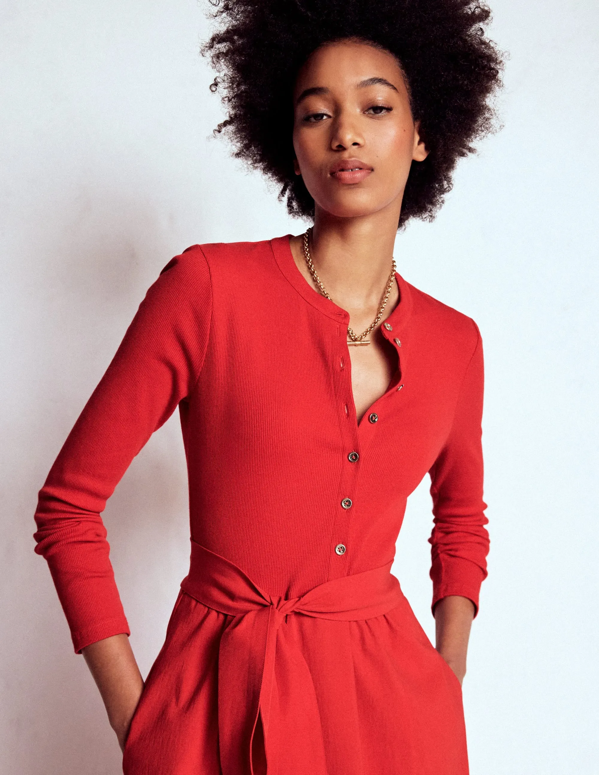 Button Detail Mix Dress-Crimson Red Stylish Comfort Sleek And Stylish