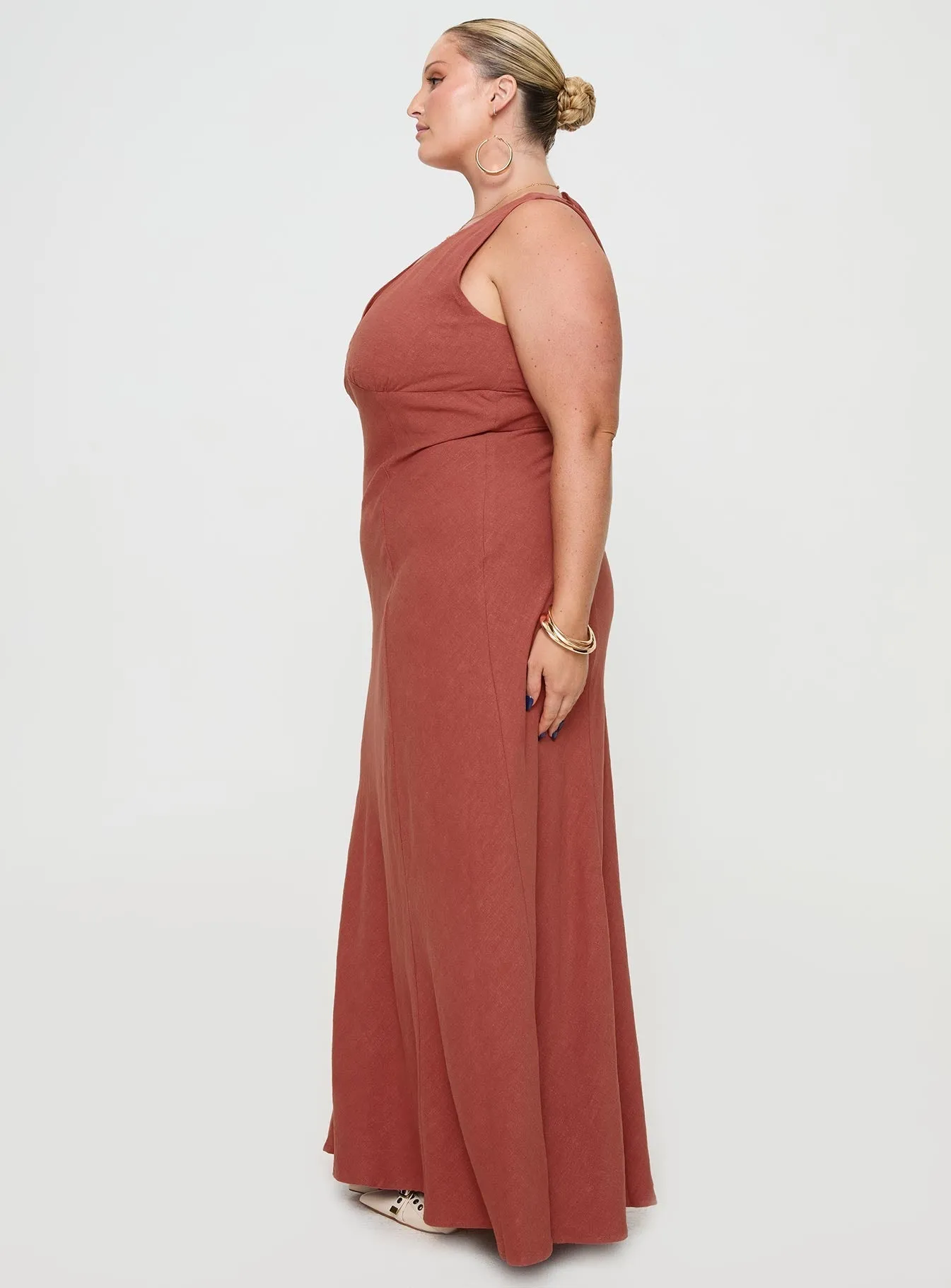 Verde Linen Blend Maxi Dress Burnt Rust Curve Fire Glow