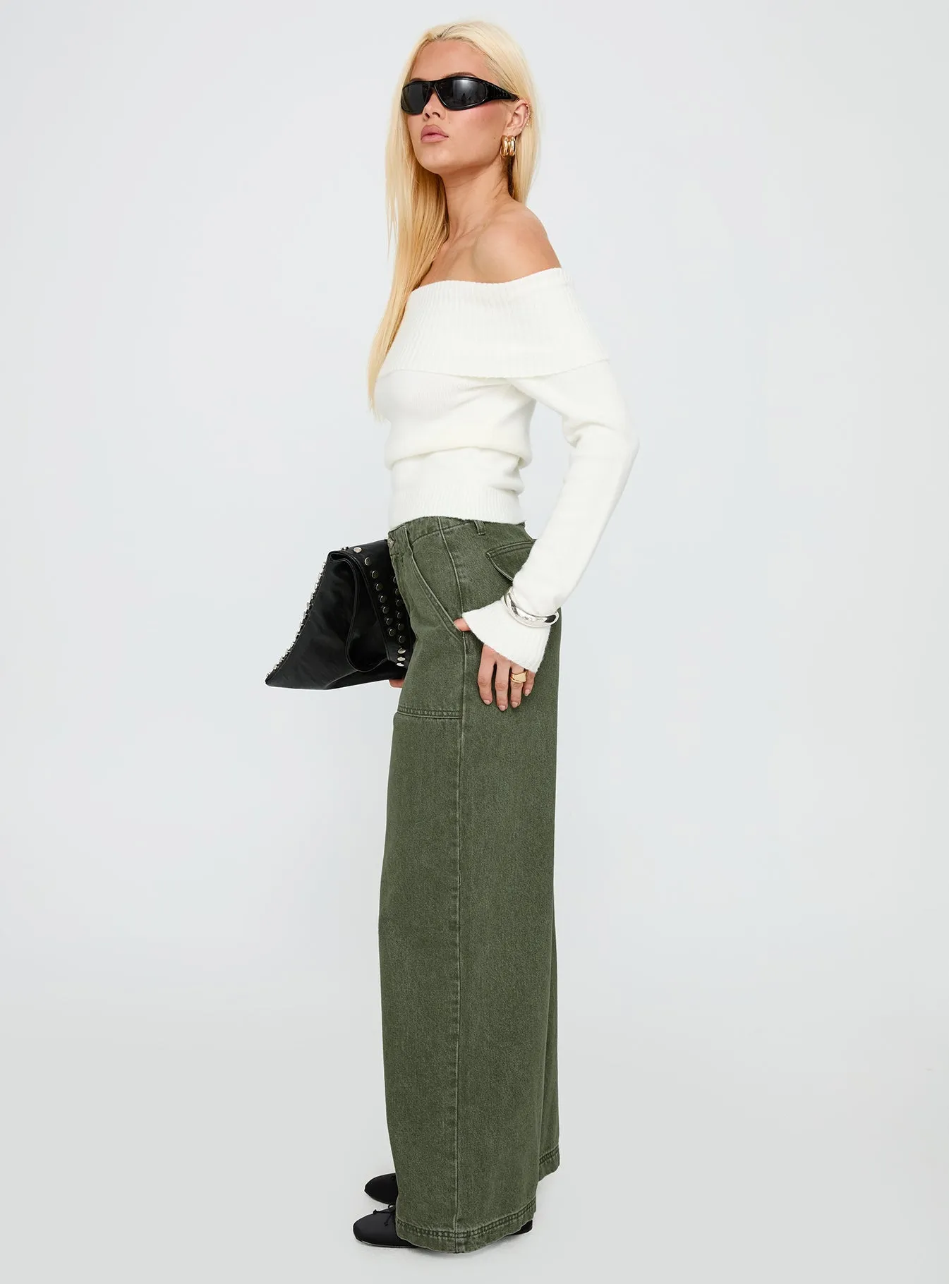Relax Fit Textured Yarn Blends Melikah Mid Rise Baggy Cargo Jeans Green Wash