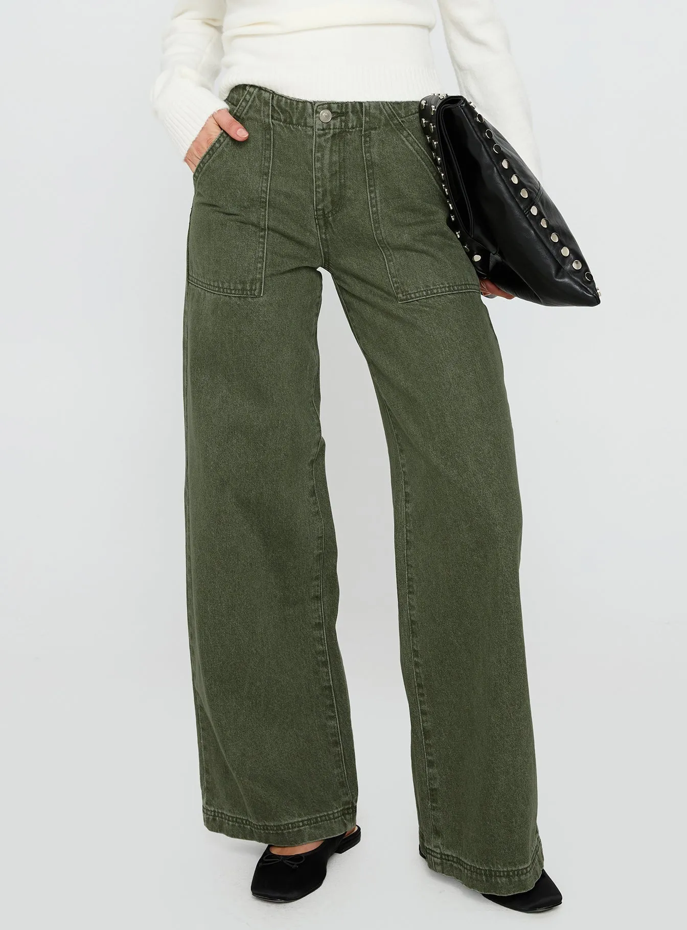 Four Way Stretch Fabric Durable Fabric Melikah Mid Rise Baggy Cargo Jeans Green Wash