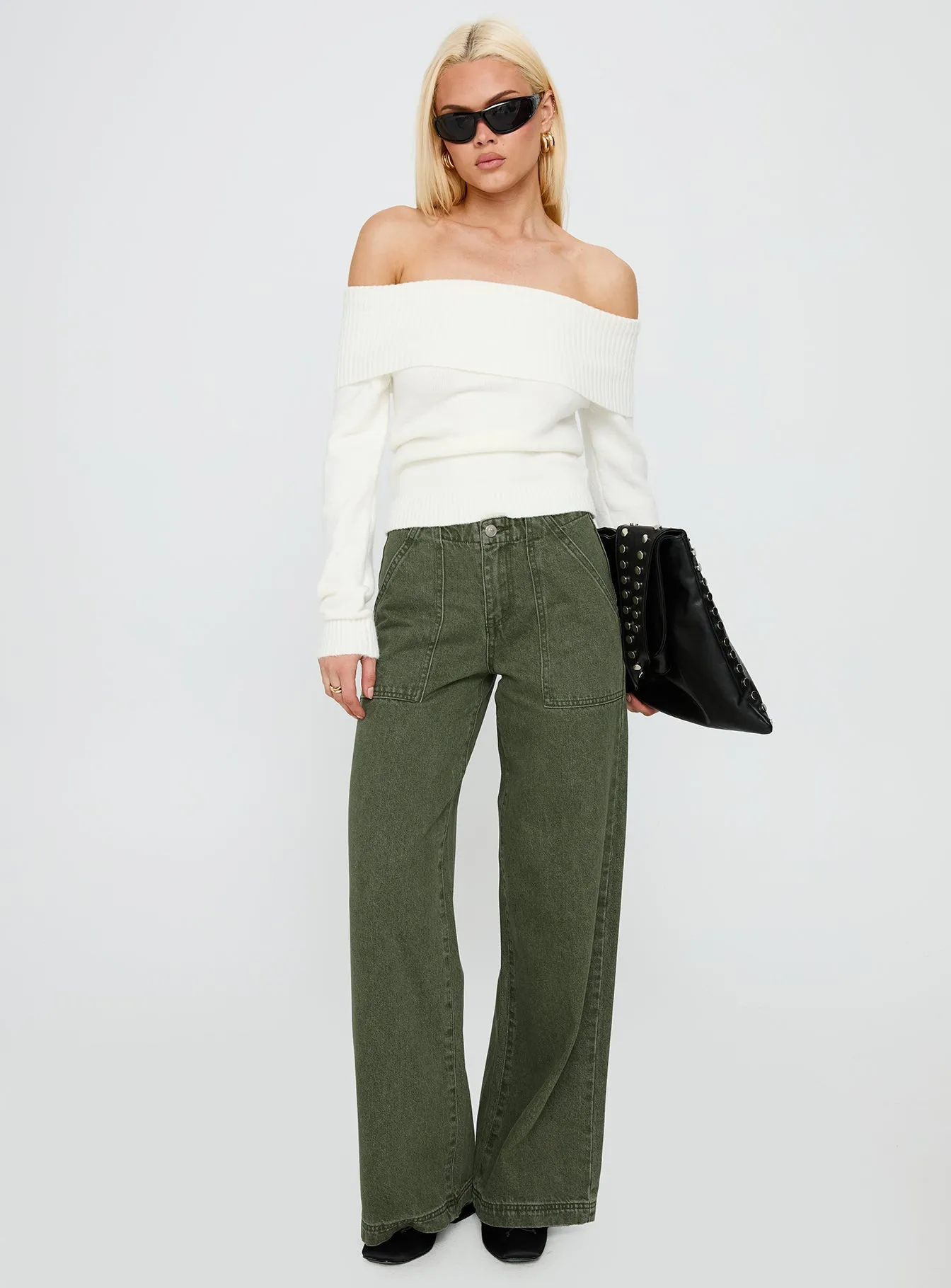 Melikah Mid Rise Baggy Cargo Jeans Green Wash Minimal Look