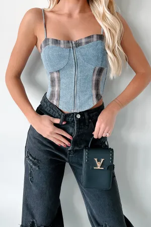 Non Restrictive Cut Border - protection - worthy DOORBUSTER Subtle Slay Denim Plaid Zip-Front Tank Top (Blue Denim)